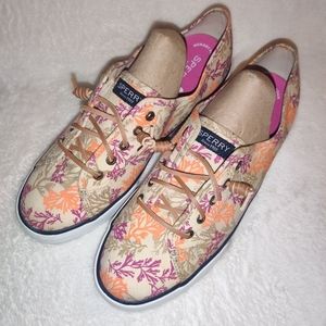 Sperry Top-Sider Slip-On Shoes Coral Reef Print Tan Purple Orange Women's 10